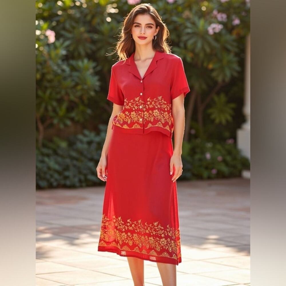 Erika Red Linen Floral Midi Dress And Top